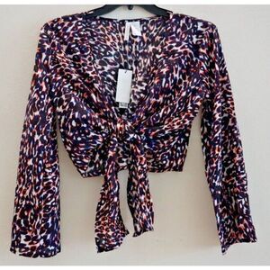 Sanctuary Women's Sz Medium Multi Leopard Print Knot Tie Front L/S Crop Top $75